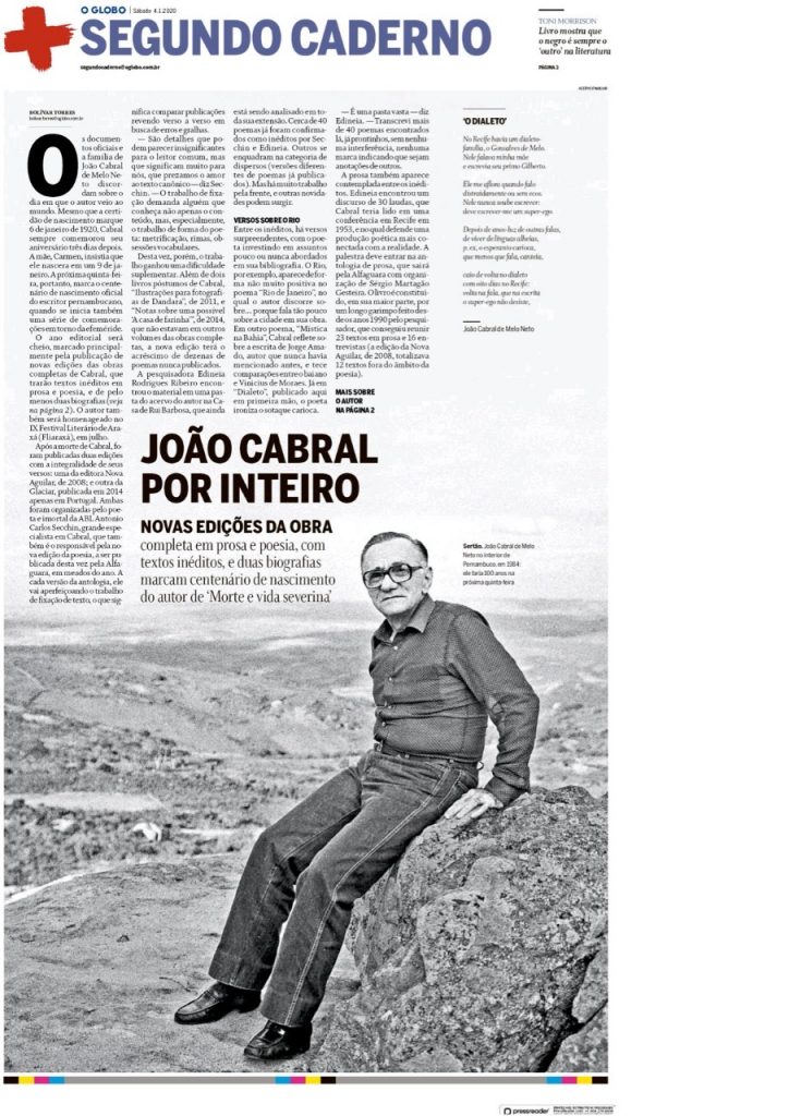 O Globo destaca a homenagem do IX Fliaraxá a João Cabral de Melo Neto